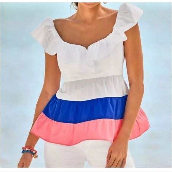 Lilly Pulitzer Emie Ruffle Top Sz 8 Color: Resort White, Borealis Blue, NWT - Picture 1 of 10